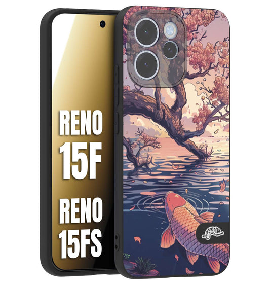 CUSTOMIZZA - Custodia cover nera morbida in tpu compatibile per Oppo Reno 15 F - Reno 15 FS giapponese lago carpa koi rosa con foglie d'acero disegnata tattoo