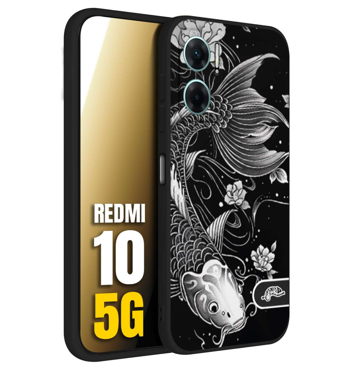 CUSTOMIZZA - Custodia cover nera morbida in tpu compatibile per Xiaomi Redmi 10 5G carpa koi black and white bianco a rilievo disegnato tattoo tatuaggio