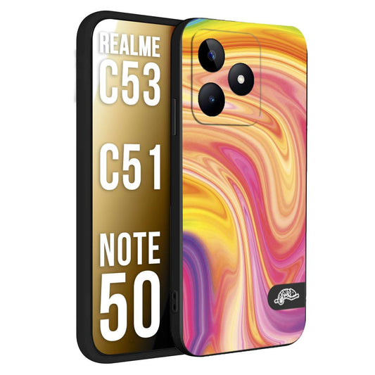 CUSTOMIZZA - Custodia cover nera morbida in tpu compatibile per Realme C53 - C51 - NOTE 50 colorata fantasia vortice marmo onde rosa fucsia gialla