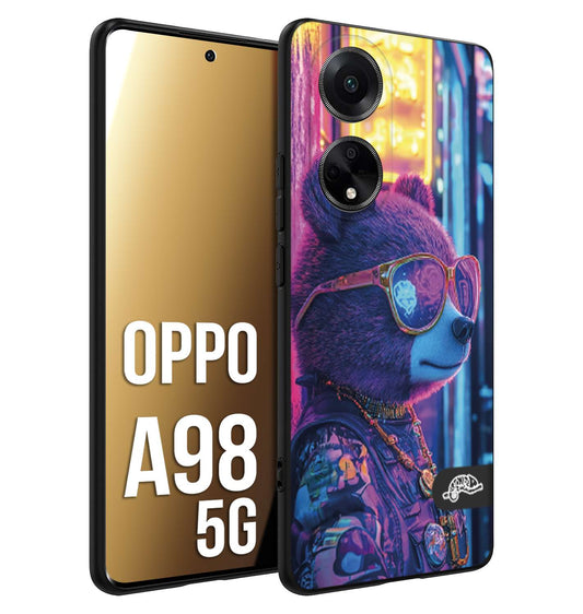 CUSTOMIZZA - Custodia cover nera morbida in tpu compatibile per Oppo A98 5G animali cyberpunk orsetto orso street bear fucsia blu night