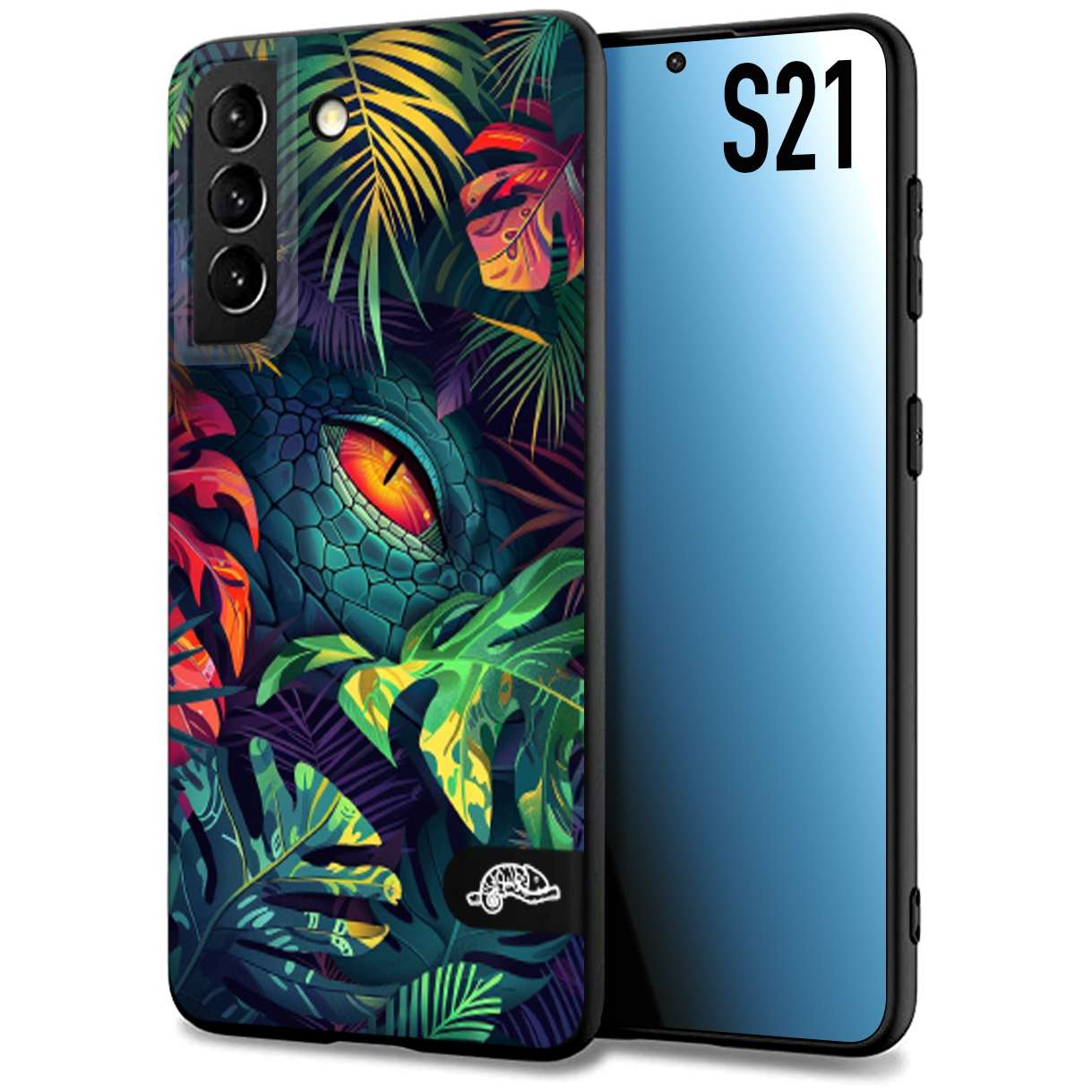 CUSTOMIZZA - Custodia cover nera morbida in tpu compatibile per Samsung S21 animali color giungla tropicale occhio di coccodrillo alligatore disegnato