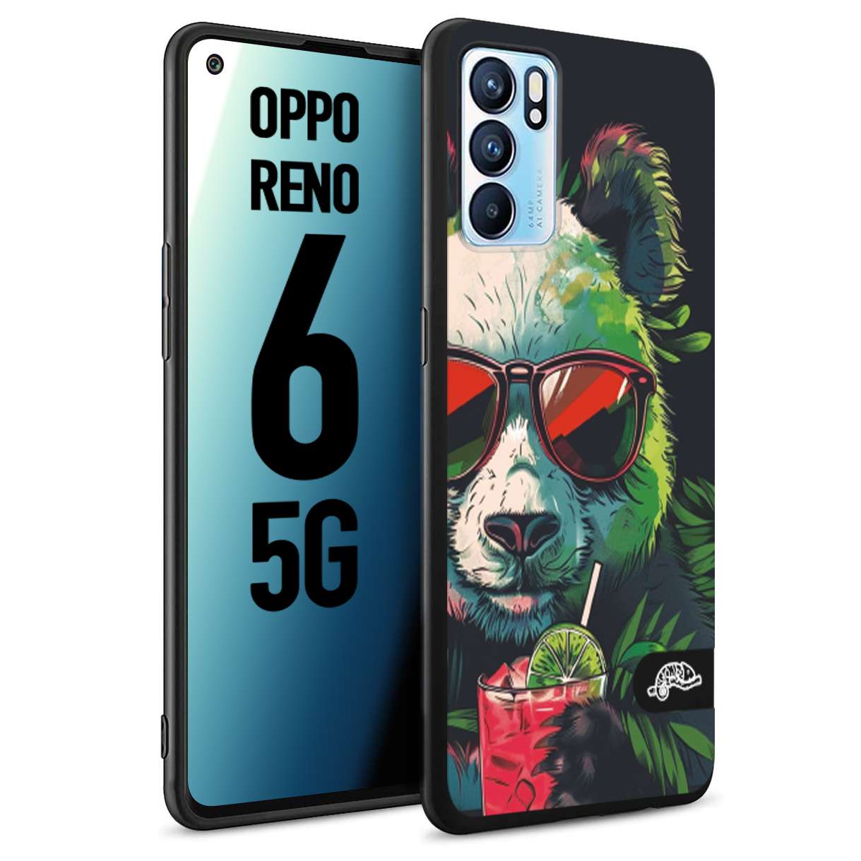 CUSTOMIZZA - Custodia cover nera morbida in tpu compatibile per Oppo Reno 6 5G estate disegnata cocktails animali simpatici panda mojito