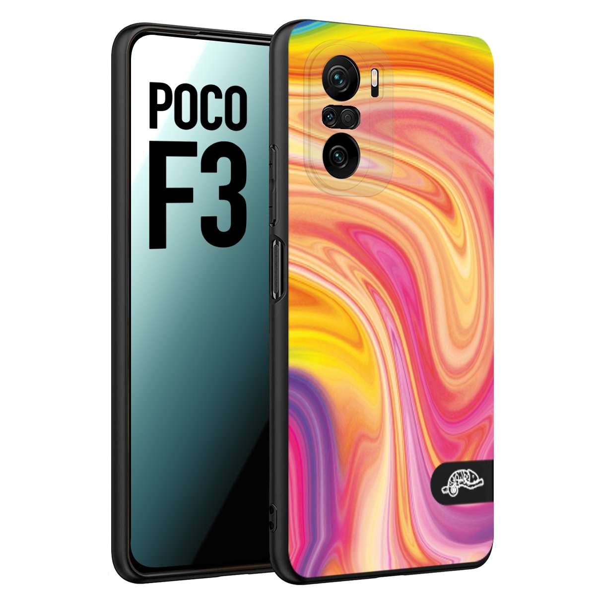 CUSTOMIZZA - Custodia cover nera morbida in tpu compatibile per Xiaomi Poco F3 colorata fantasia vortice marmo onde rosa fucsia gialla