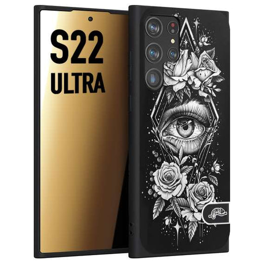 CUSTOMIZZA - Custodia cover nera morbida in tpu compatibile per Samsung S22 ULTRA occhio fiori rombo geometrico black and white bianco a rilievo disegnato tattoo tatuaggio