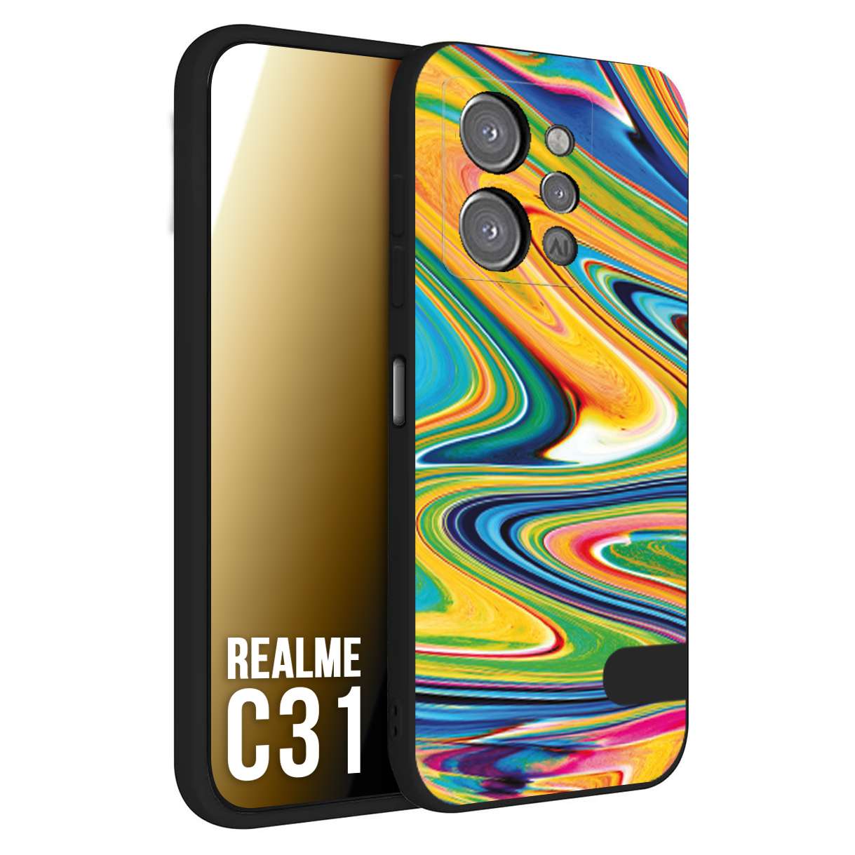 CUSTOMIZZA - Custodia cover nera morbida in tpu compatibile per Oppo Realme C31 colorata fantasia vortice marmo arcobaleno gialla verde blu