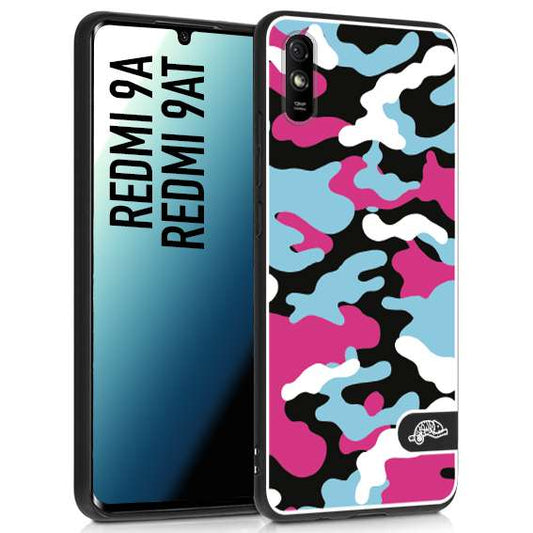 CUSTOMIZZA - Custodia cover nera morbida in tpu compatibile per Xiaomi Redmi 9A - 9AT camouflage mimetico militare fucsia celeste