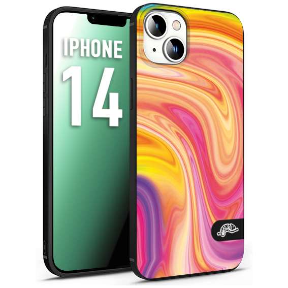 CUSTOMIZZA - Custodia cover nera morbida in tpu compatibile per iPhone 14 colorata fantasia vortice marmo onde rosa fucsia gialla