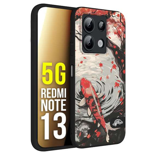 CUSTOMIZZA - Custodia cover nera morbida in tpu compatibile per Xiaomi Redmi Note 13 5G giapponese lago carpa koi rossa con foglie d'acero rosso disegnata tattoo