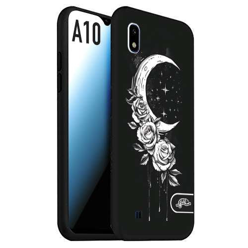 CUSTOMIZZA - Custodia cover nera morbida in tpu compatibile per Samsung A10 luna e fiori moon flowers black and white bianco a rilievo disegnato tattoo tatuaggio