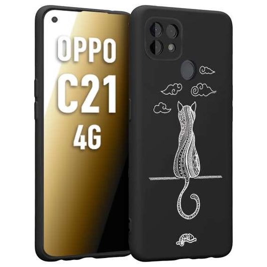 CUSTOMIZZA - Custodia cover nera morbida in tpu compatibile per Realme C21 4G gatto mandala stilizzato gattino a rilievo soft touch donna bianca