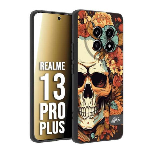 CUSTOMIZZA - Custodia cover nera morbida in tpu compatibile per Realme 13 PRO PLUS teschio skull flowers fiori autunnali arancio celeste tattoo