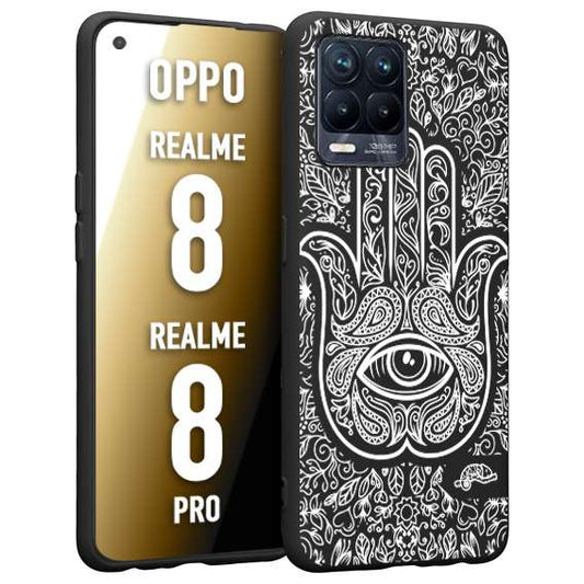 CUSTOMIZZA - Custodia cover nera morbida in tpu compatibile per Oppo Realme 8 - 8 PRO mano di fatima effetto rilievo mandala donna