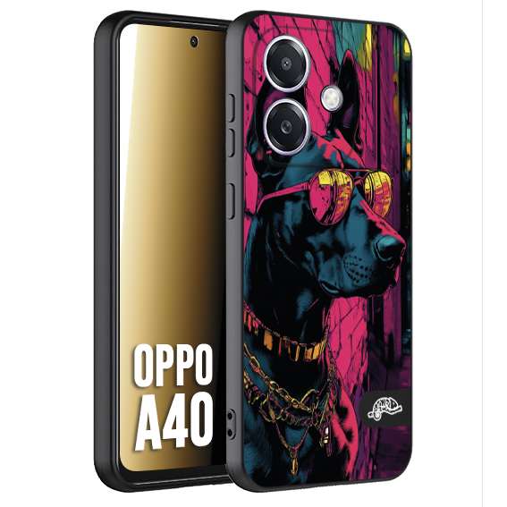 CUSTOMIZZA - Custodia cover nera morbida in tpu compatibile per Oppo A40 animali cyberpunk dobermann cane street dog fucsia blu