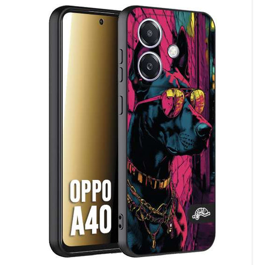 CUSTOMIZZA - Custodia cover nera morbida in tpu compatibile per Oppo A40 animali cyberpunk dobermann cane street dog fucsia blu