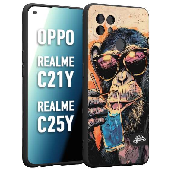 CUSTOMIZZA - Custodia cover nera morbida in tpu compatibile per Oppo Realme C21Y - C25Y estate disegnata cocktails animali simpatici scimmia monkey negroni