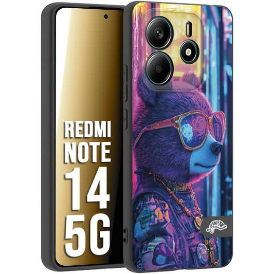 CUSTOMIZZA - Custodia cover nera morbida in tpu compatibile per Xiaomi Redmi Note 14 5G animali cyberpunk orsetto orso street bear fucsia blu night