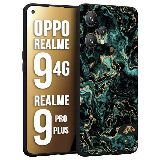 CUSTOMIZZA - Custodia cover nera morbida in tpu compatibile per Oppo Realme 9 4G - 9 PRO PLUS effetto marmo marble verde green venature dorato pietra