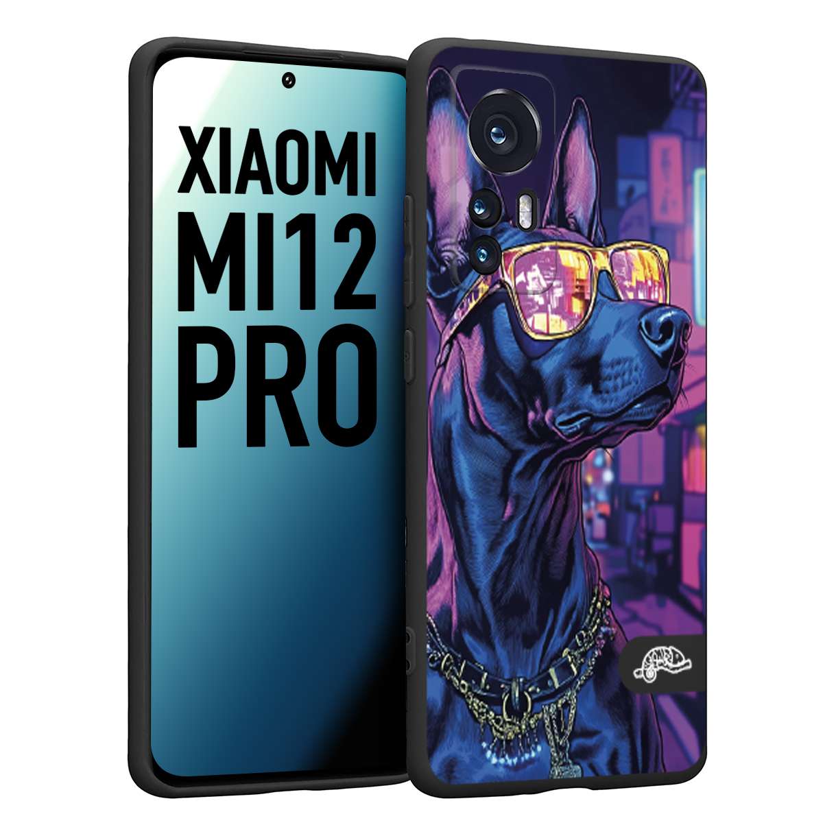 CUSTOMIZZA - Custodia cover nera morbida in tpu compatibile per Xiaomi 12 PRO animali cyberpunk dobermann cane street dog fucsia blu night