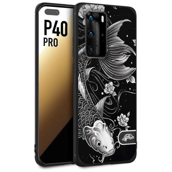 CUSTOMIZZA - Custodia cover nera morbida in tpu compatibile per Huawei P40 PRO carpa koi black and white bianco a rilievo disegnato tattoo tatuaggio