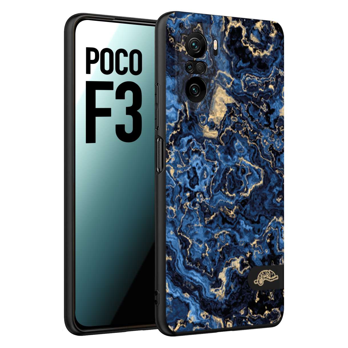 CUSTOMIZZA - Custodia cover nera morbida in tpu compatibile per Xiaomi Poco F3 effetto marmo marble blu venature dorato psichedelico