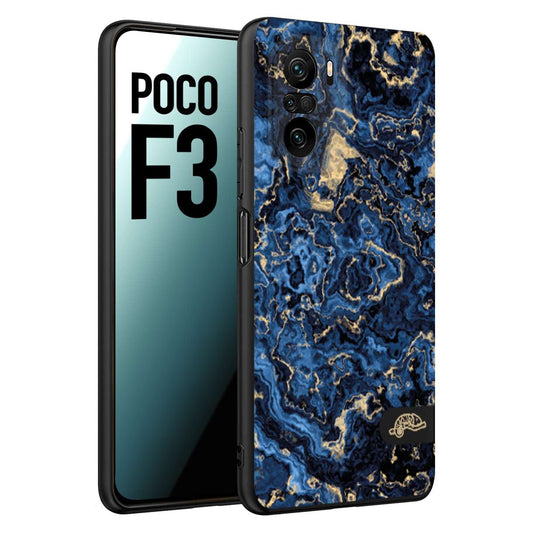 CUSTOMIZZA - Custodia cover nera morbida in tpu compatibile per Xiaomi Poco F3 effetto marmo marble blu venature dorato psichedelico