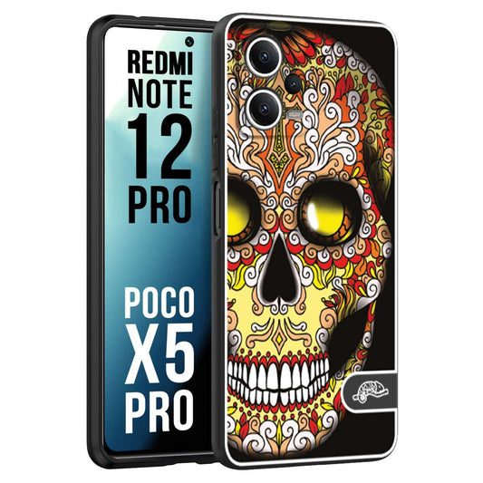 CUSTOMIZZA - Custodia cover nera morbida in tpu compatibile per Xiaomi Redmi Note 12 PRO - POCO X5 PRO teschio messicano Mexican skull giallo rosso arancio