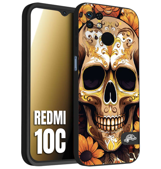 CUSTOMIZZA - Custodia cover nera morbida in tpu compatibile per Xiaomi Redmi 10C teschio messicano colorato dorato fiori tattoo disegnato