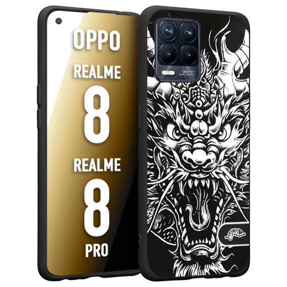 CUSTOMIZZA - Custodia cover nera morbida in tpu compatibile per Oppo Realme 8 - 8 PRO drago black and white bianco a rilievo disegnato tattoo tatuaggio