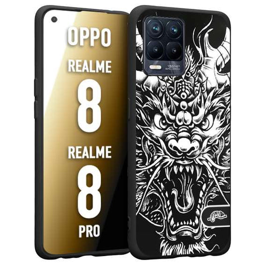 CUSTOMIZZA - Custodia cover nera morbida in tpu compatibile per Oppo Realme 8 - 8 PRO drago black and white bianco a rilievo disegnato tattoo tatuaggio