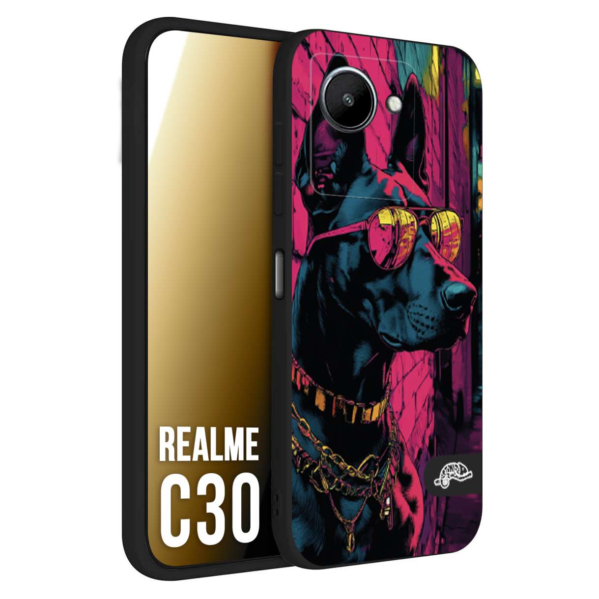 CUSTOMIZZA - Custodia cover nera morbida in tpu compatibile per Realme C30 animali cyberpunk dobermann cane street dog fucsia blu