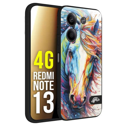 CUSTOMIZZA - Custodia cover nera morbida in tpu compatibile per Xiaomi Redmi Note 13 4G animali color cavallo horse viso colori vibranti disegnato schizzo