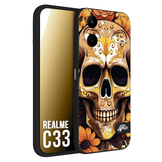 CUSTOMIZZA - Custodia cover nera morbida in tpu compatibile per Realme C33 teschio messicano colorato dorato fiori tattoo disegnato