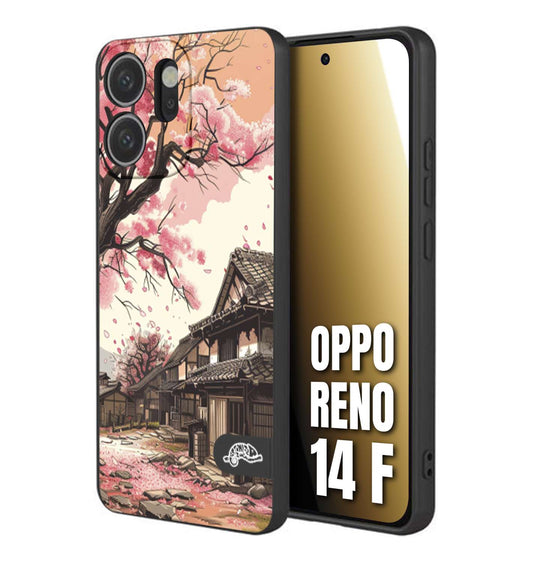 CUSTOMIZZA - Custodia cover nera morbida in tpu compatibile per Oppo Reno 14 F casa giapponese rosa ciliegio in fiore disegnata tattoo