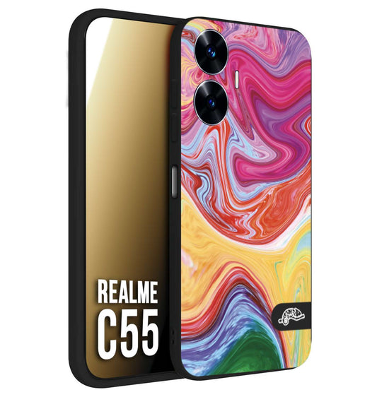 CUSTOMIZZA - Custodia cover nera morbida in tpu compatibile per Realme C55 colorata fantasia vortice marmo onde verde fucsia gialla