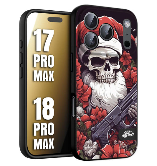 CUSTOMIZZA - Custodia cover nera morbida in tpu compatibile per iPhone 17 PRO MAX - 18 PRO MAX teschio natale santa claus fiori tattoo disegnato