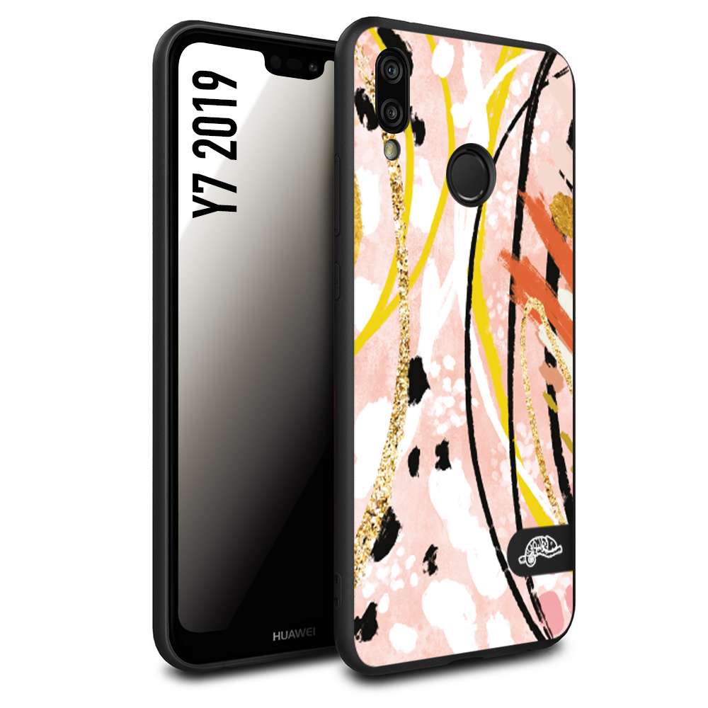 CUSTOMIZZA - Custodia cover nera morbida in tpu compatibile per Huawei Y7 2019 fiori astratti donna zebrato leopardato fantasia dorata gialla rosa colorata