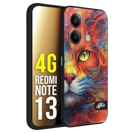 CUSTOMIZZA - Custodia cover nera morbida in tpu compatibile per Xiaomi Redmi Note 13 4G animali color cat gatto viso colori vibranti disegnato schizzo