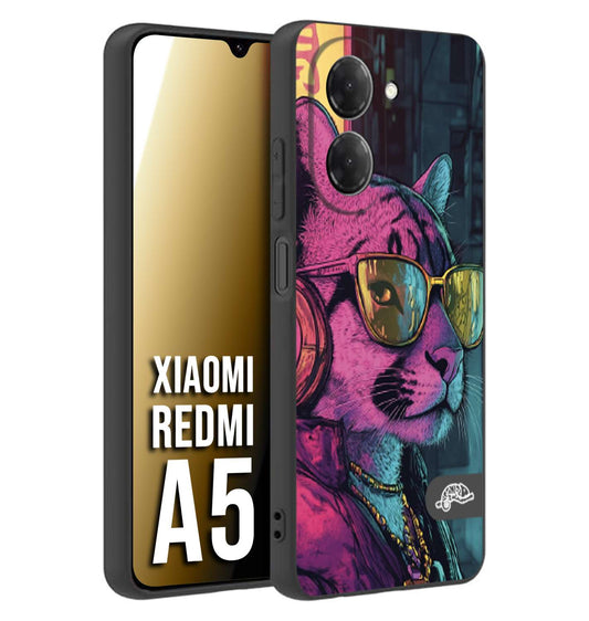 CUSTOMIZZA - Custodia cover nera morbida in tpu compatibile per Xiaomi Redmi A5 animali cyberpunk pantera street cat fucsia blu giallo