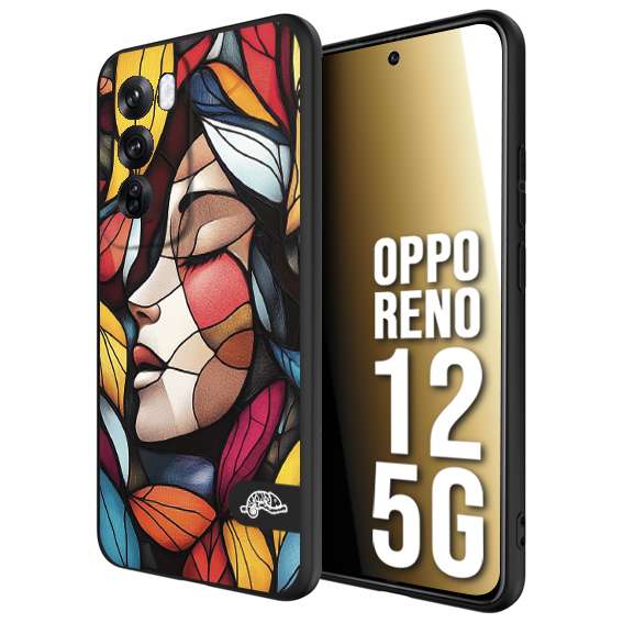 CUSTOMIZZA - Custodia cover nera morbida in tpu compatibile per Oppo Reno 12 5G Vetrata artistica volto di donna profilo fogliare mosaico di vetro colorato