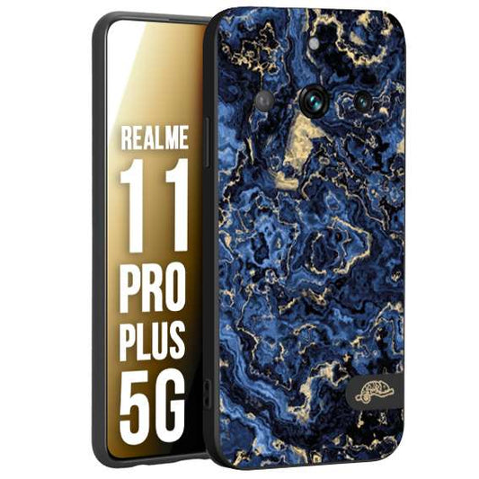 CUSTOMIZZA - Custodia cover nera morbida in tpu compatibile per Realme 11 PRO PLUS 5G effetto marmo marble blu venature dorato psichedelico
