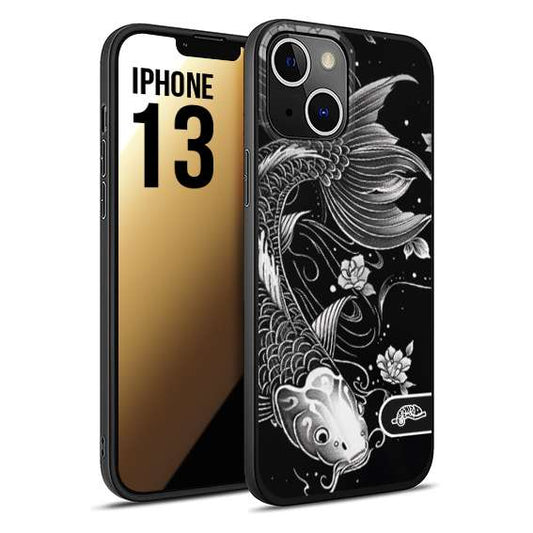 CUSTOMIZZA - Custodia cover nera morbida in tpu compatibile per iPhone 13 carpa koi black and white bianco a rilievo disegnato tattoo tatuaggio