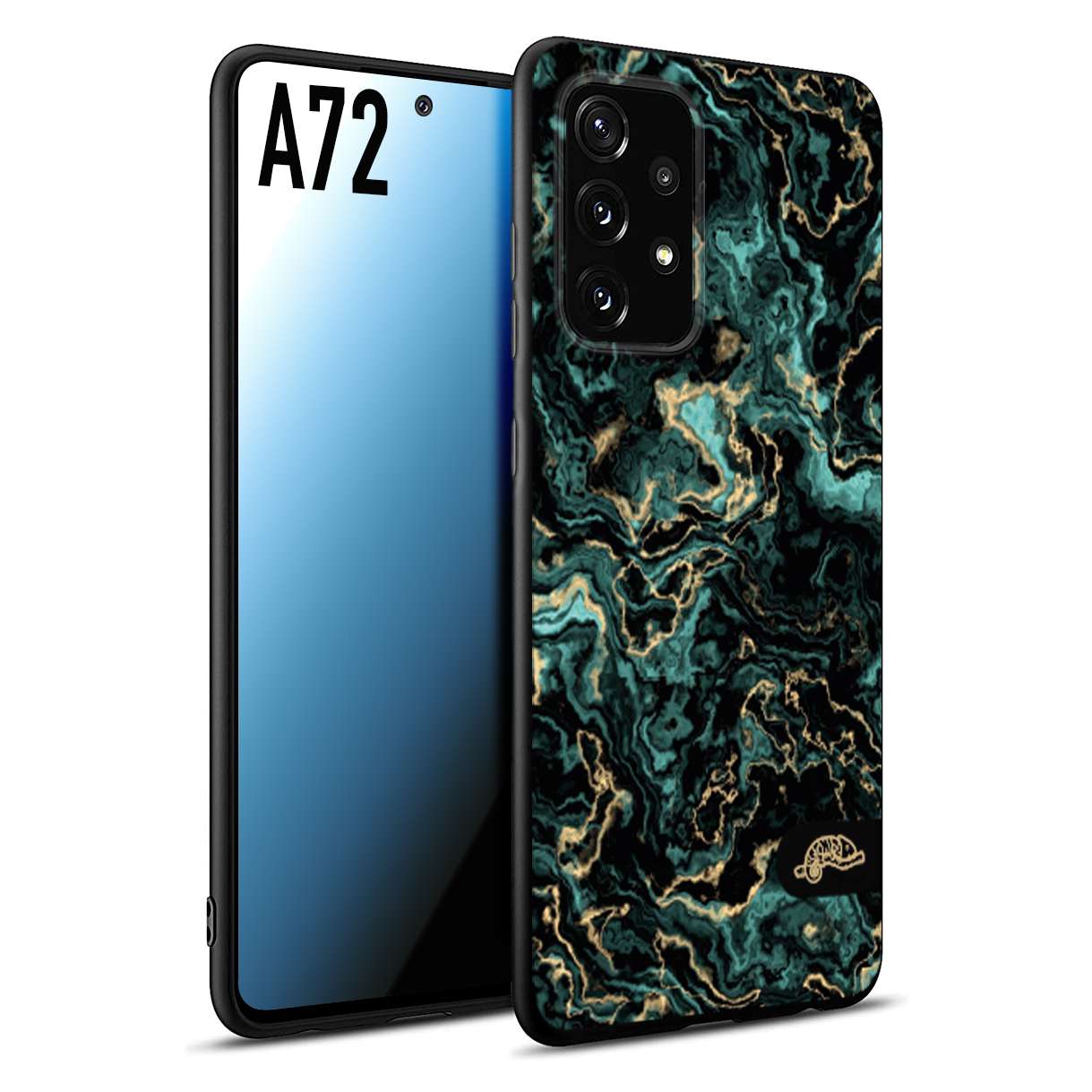 CUSTOMIZZA - Custodia cover nera morbida in tpu compatibile per Samsung A72 effetto marmo marble verde green venature dorato pietra