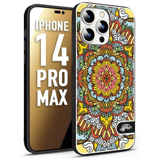 CUSTOMIZZA - Custodia cover nera morbida in tpu compatibile per iPhone 14 PRO MAX mandala colorato fiore nuvole arancione