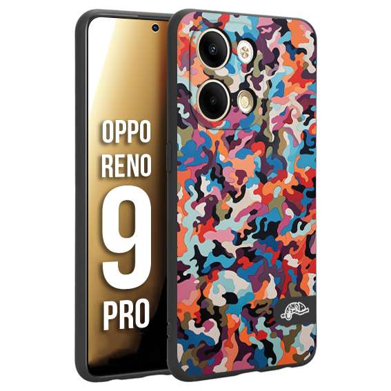 CUSTOMIZZA - Custodia cover nera morbida in tpu compatibile per Oppo Reno 9 PRO camouflage mimetico militare moderno blu arancio rosa