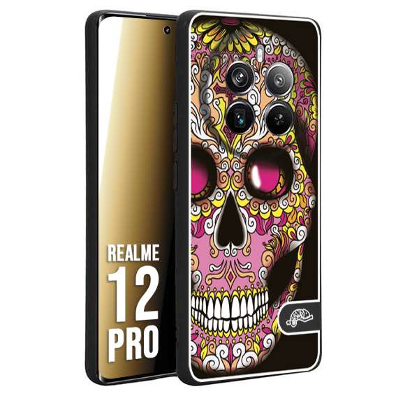 CUSTOMIZZA - Custodia cover nera morbida in tpu compatibile per Realme 12 PRO teschio messicano Mexican skull rosa gialla