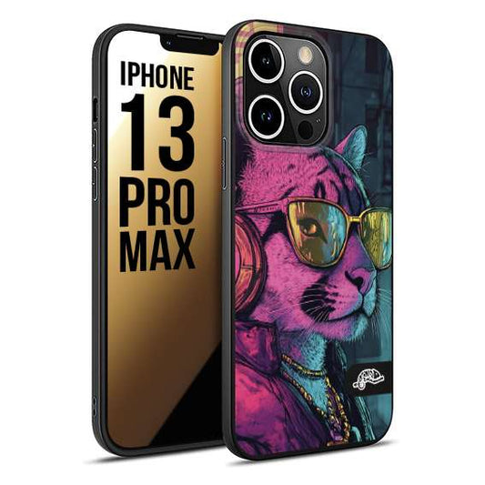 CUSTOMIZZA - Custodia cover nera morbida in tpu compatibile per iPhone 13 PRO MAX animali cyberpunk pantera street cat fucsia blu giallo