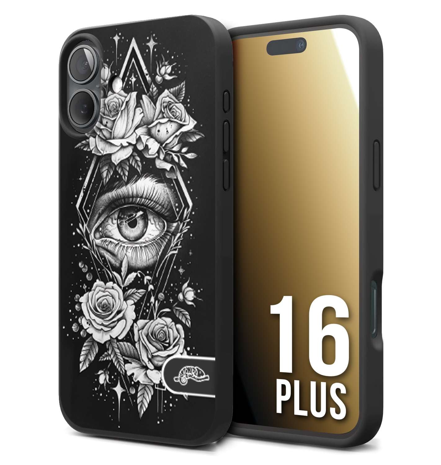 CUSTOMIZZA - Custodia cover nera morbida in tpu compatibile per iPhone 16 PLUS occhio fiori rombo geometrico black and white bianco a rilievo disegnato tattoo tatuaggio