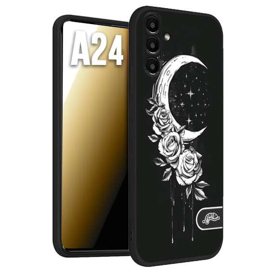 CUSTOMIZZA - Custodia cover nera morbida in tpu compatibile per Samsung A24 luna e fiori moon flowers black and white bianco a rilievo disegnato