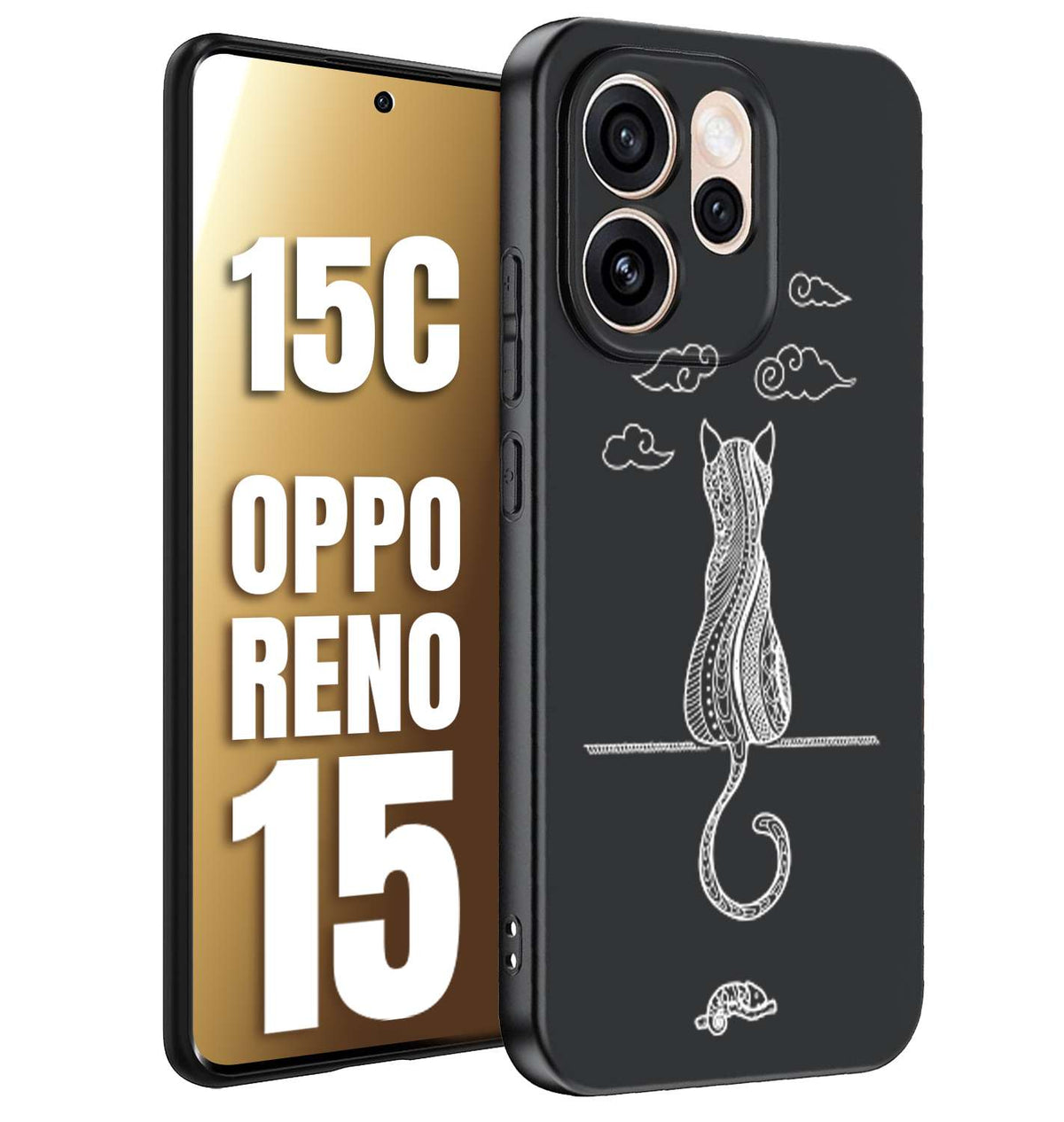 CUSTOMIZZA - Custodia cover nera morbida in tpu compatibile per Oppo Reno 15 - Reno 15Cgatto mandala stilizzato gattino a rilievo soft touch donna bianca