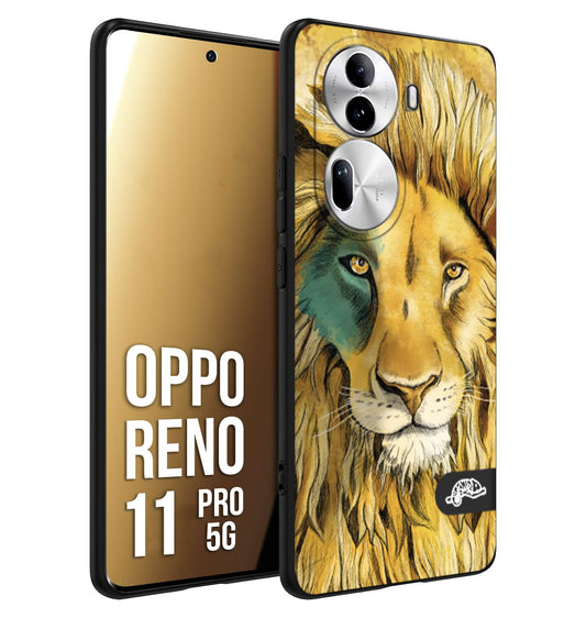CUSTOMIZZA - Custodia cover nera morbida in tpu compatibile per Oppo Reno 11 PRO 5G leone lion disegnato a mano giallo blu a rilievo artistico brown